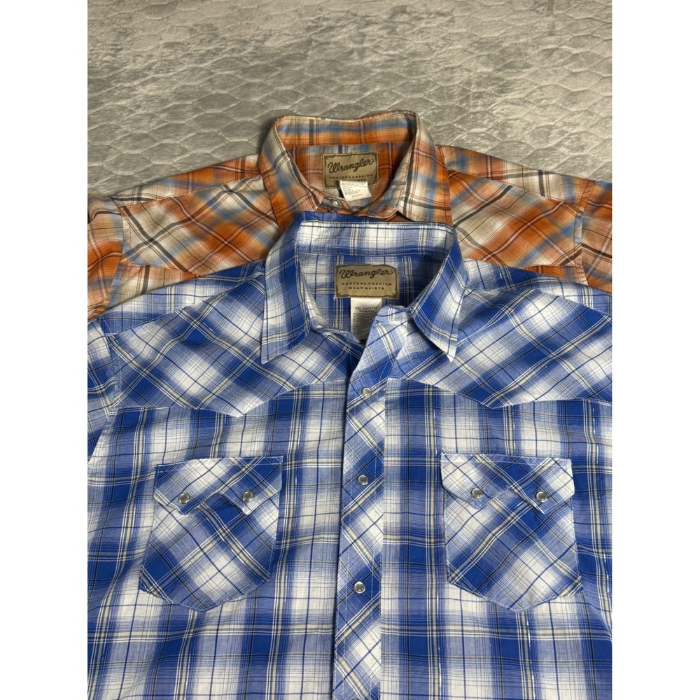 Lot of 2 Wrangler Mens XXL Western Pearl Snap Shirts Plaid Sawtooth Pockets Blue